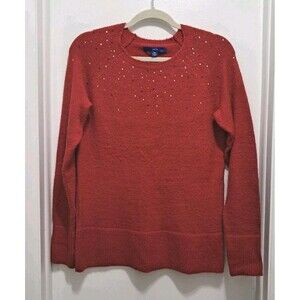 APT.9 Women Petite Sweater PM Red Rhinestone Holiday Cozy Knit Pullover